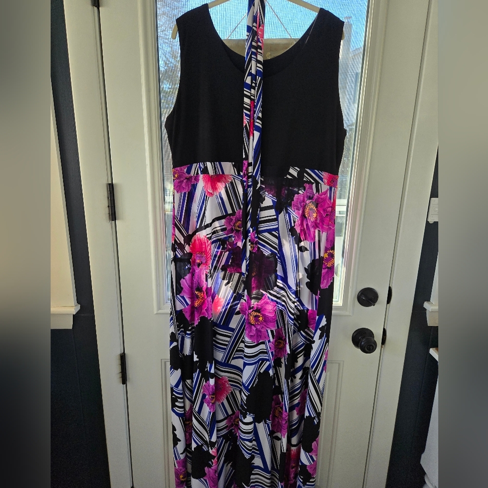 Flirty Pink Black & Pink Floral Print Women’s Dress Maxi 2X W Belt